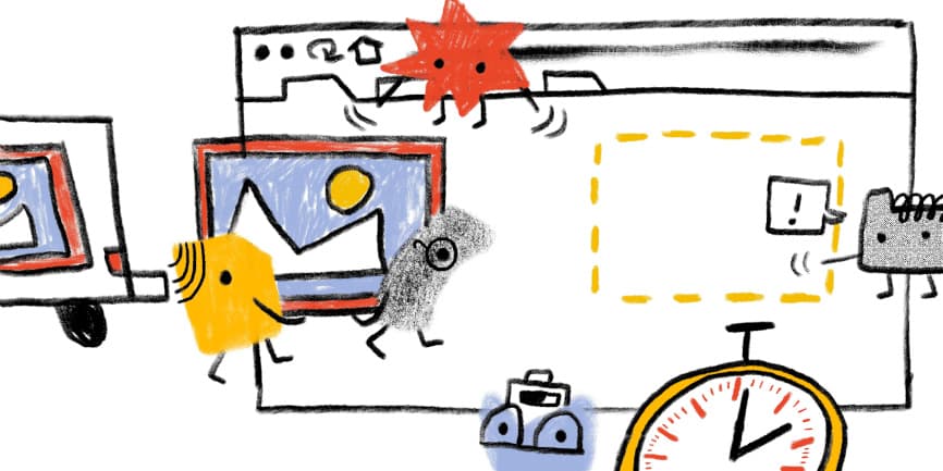 Web Almanacのキャラクターがウェブページに画像を追加している間、別のWeb Almanacキャラクターがストップウォッチで時間を計測しているヒーロー画像。