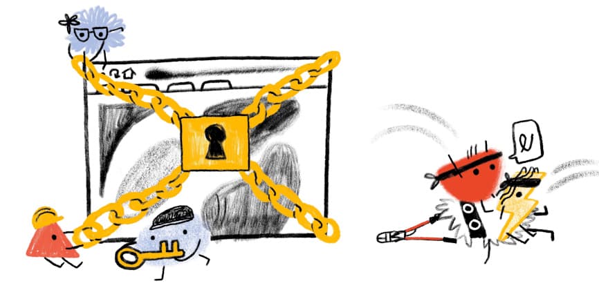 Web Almanacのキャラクターがウェブページに南京錠をかけているヒーローイメージ。他のWeb Almanacのキャラクターはボルトカッターを持った覆面の泥棒を取り押さえています。