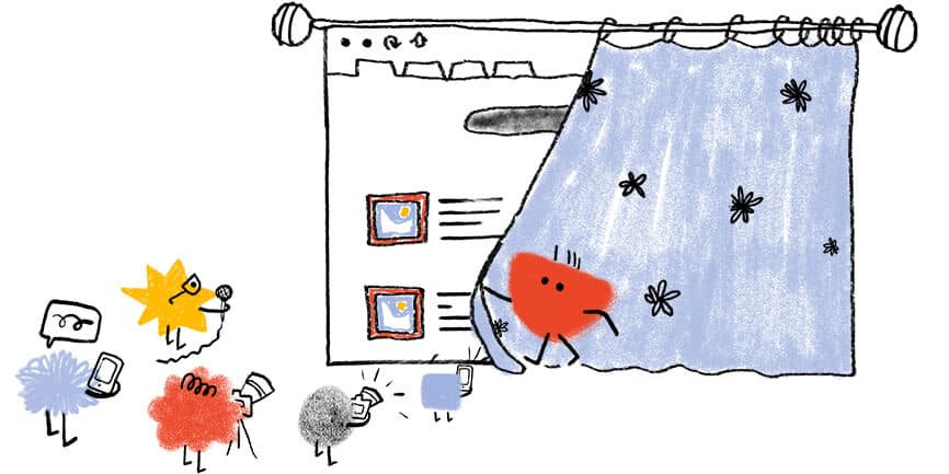 Web Almanacのキャラクターたちがカメラや電話、マイクを持ってパパラッチのように振る舞い、別のキャラクターがシャワーカーテンを開けて背後にあるウェブページを見せているヒーロー画像。