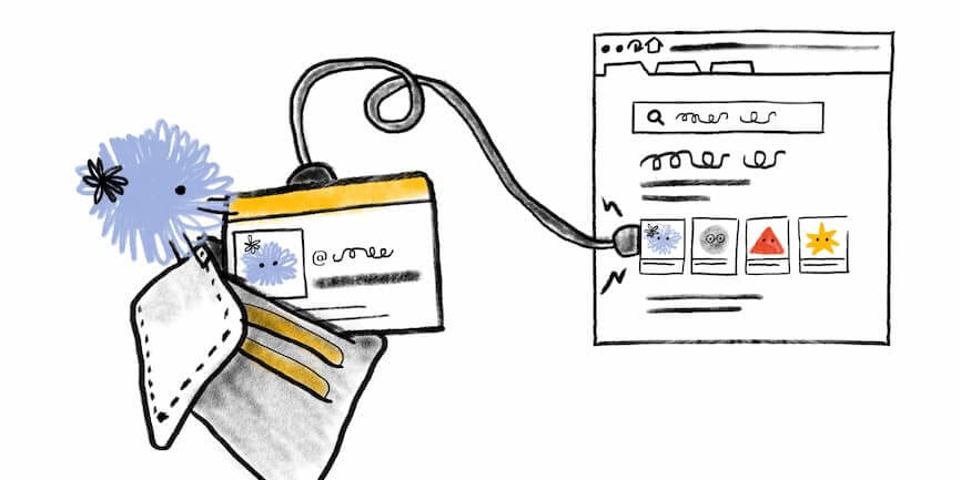 Web Almanacのキャラクターが財布から身分証明書を取り出し、それをウェブページに差し込んでいるヒーロー画像。